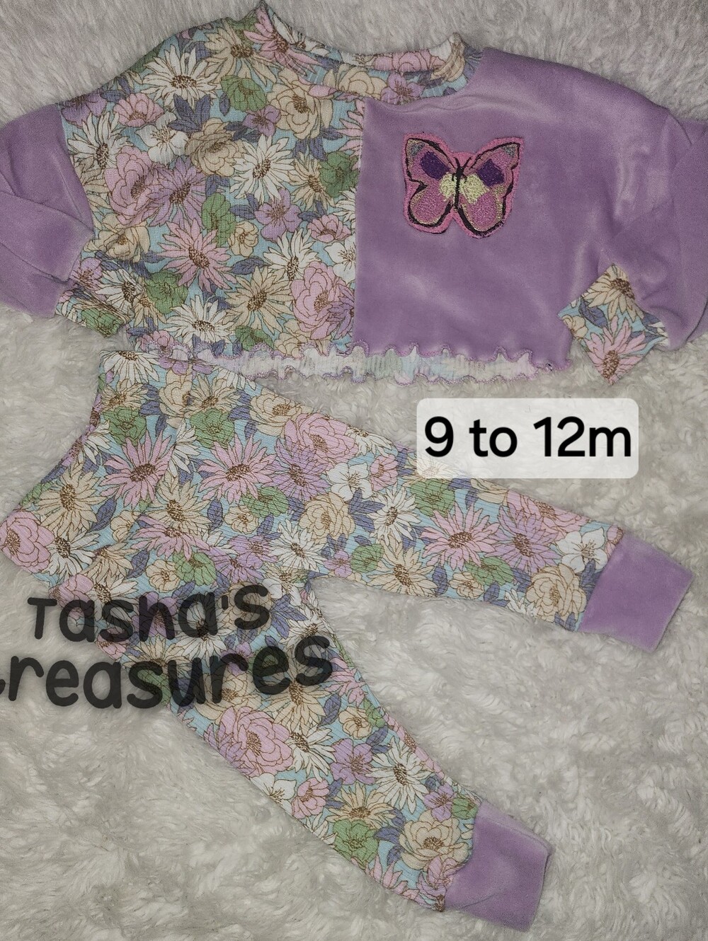Pastel Floral Baby  Set with Velvet Lilac  Butterfly Patch  9 To 12 M Handmade